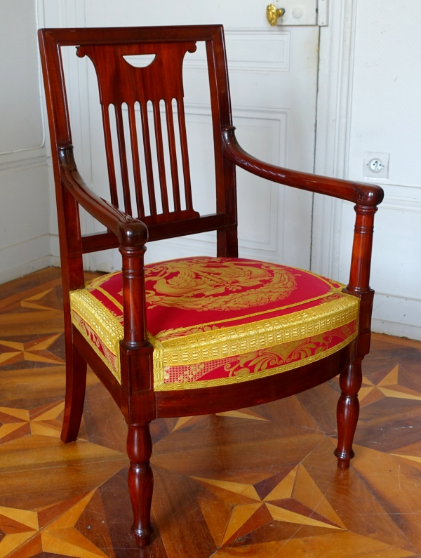 Detail — Saint Cloud Palace : Empire mahogany armchair stamped Jean Pierre Louis