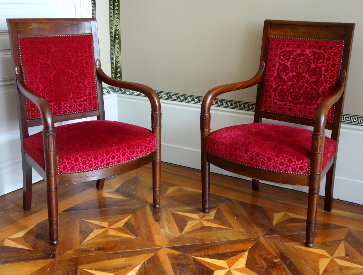 Détail — Paire de fauteuils d'époque Empire en acajou - velours frappé de la Manufacture Bonvallet