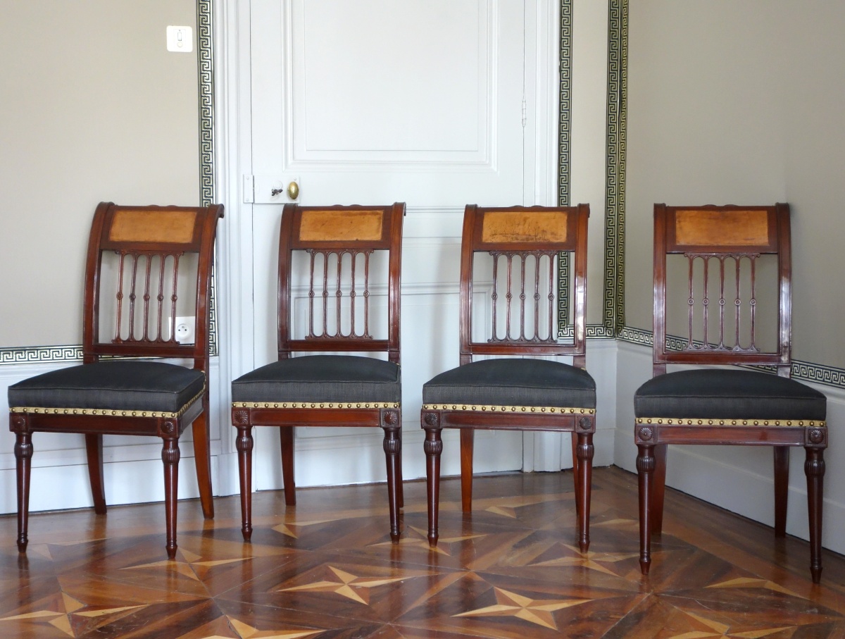 Detail — Georges Jacob : set of 4 mahogany chairs, horsehair upholstery, late 18th century