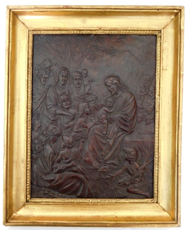 Detail — Christ & children, repoussé copper artwork : ''Let the children come to me''