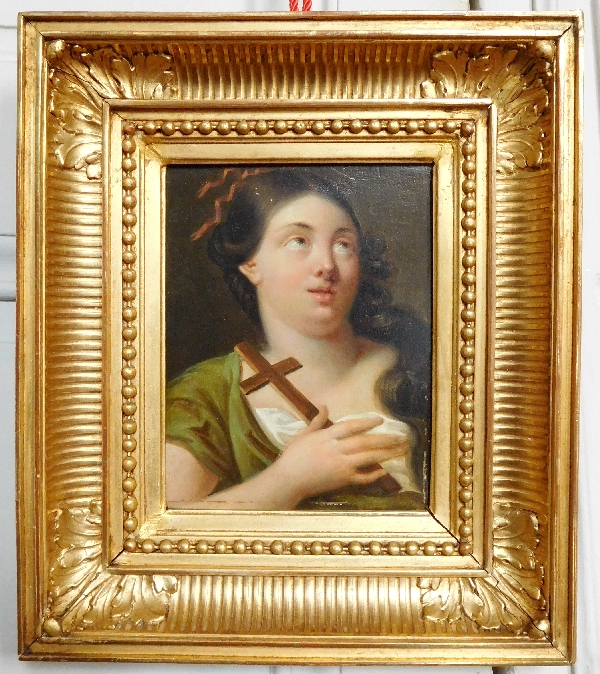 Detail — Early 19th century French school, portrait of Saint Mary Magdalene, oil on panel, gilt wood frame