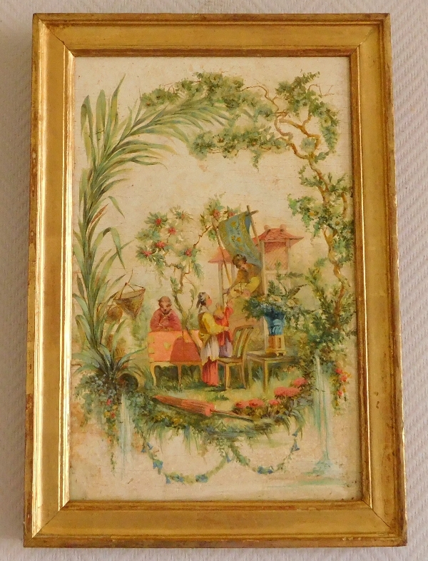 Détail — Chinoiseries dans le goût de Pillement, huile sur panneau époque XIXe siècle
