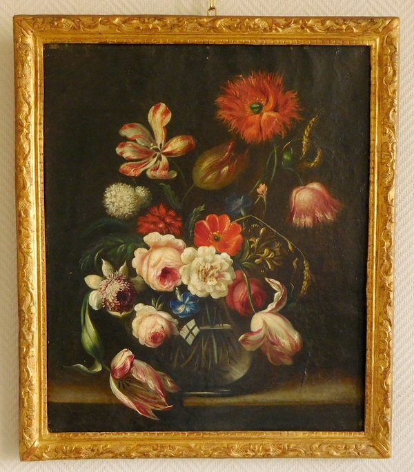 Detail — 18th century Dutch school : flowers bouquet, oil on canvas, gold leaf gilt wood frame