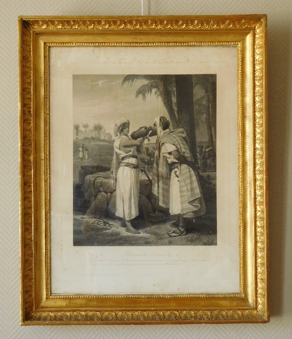 Détail — Gravure orientaliste d'après Horace Vernet, cadre en bois doré à la feuille d'or, époque Empire