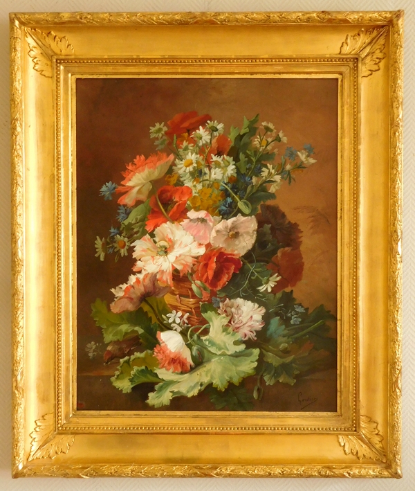 Détail — Grande huile sur toile, tableau de fleurs par Clément Gontier, vers 1900 - 91cm x 108cm