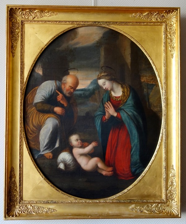 Détail — Ecole Italienne du XVIIe siècle, Sainte Famille d'après Raphael - HST 78cm x 98cm, cadre Empire