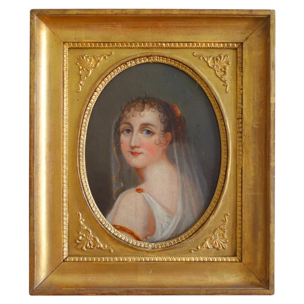Portrait d'époque Empire, jeune fille vêtue à l'antique, huile sur toile - 38cm x 32cm