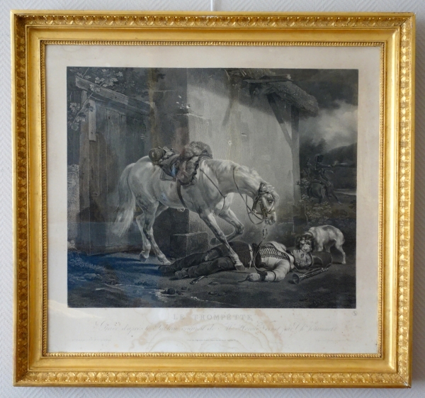 Détail — Grande gravure napoléonienne par Vernet : le Trompette blessé, cadre en bois doré