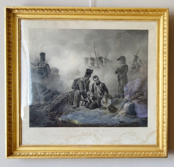 Detail — Large Empire engraving by Vernet : injured dog on the battlefield - gold leaf gilt frame