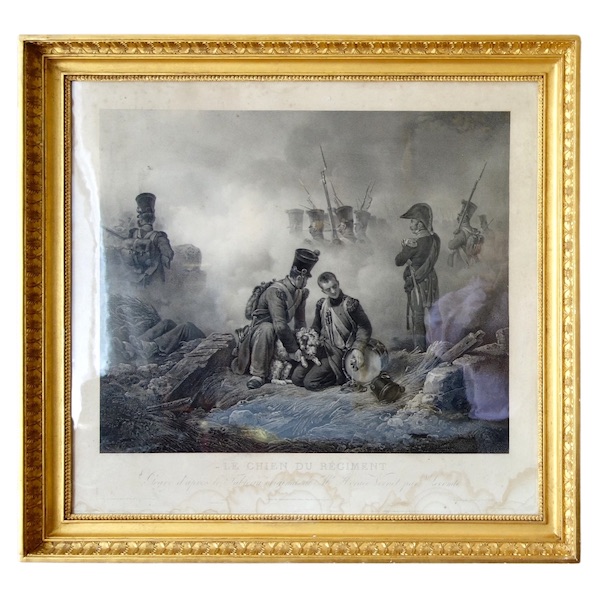 Large Empire engraving by Vernet : injured dog on the battlefield - gold leaf gilt frame