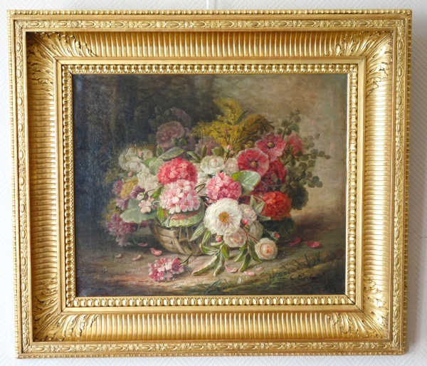 Detail — Grande huile sur toile, tableau de fleurs par Clément Gontier vers 1900 - 96,5cm x 77cm