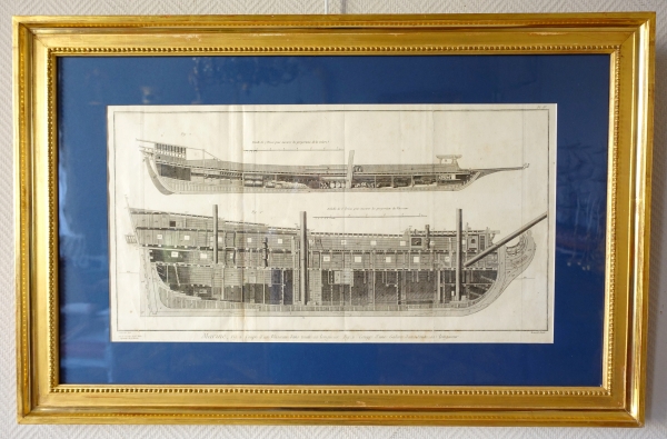 Detail — French Royal Navy vessel engraving, 18th century, gold leaf gilt frame
