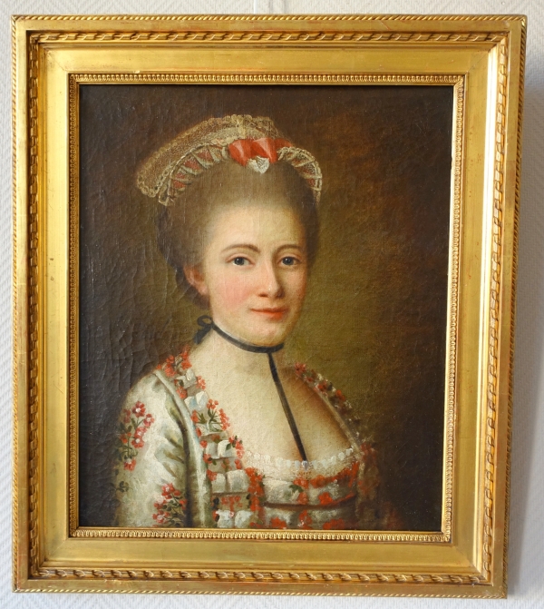 Détail — Ecole française du XVIIIe siècle, portrait d'aristocrate, huile sur toile signée et datée - Melle Porcher - 1768