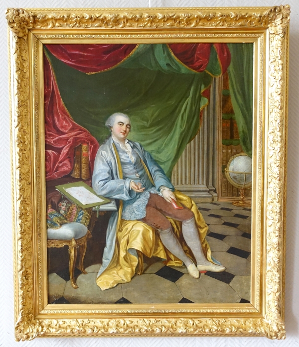 Détail — Portrait d'apparat, gentilhomme à talons rouges dans son cabinet - époque Louis XV - 90cm x 75,5cm