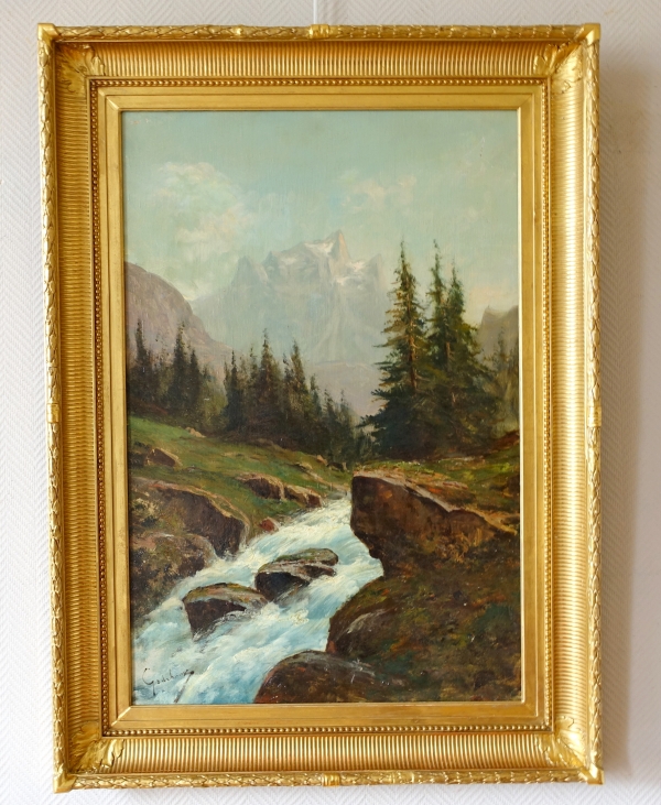 Detail — Emile Godchaux : tall oil on canvas, mountain landscape - 82.5cm x 113.5cm