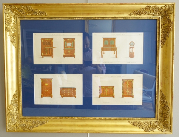 Detail — Early 19th century pieces of furniture engravings by La Mésangère, gold leaf gilt wood frame
