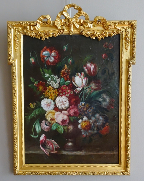 Détail — Ecole française du XIXe siècle, grande nature morte aux fleurs, cadre Louis XVI - 61cm x 82cm