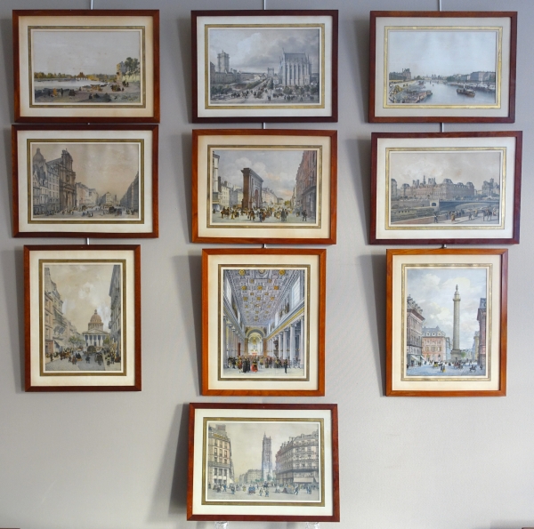 Detail — Set of 10 colourized lithographs : Paris places, Napoleon III period, mahogany frames
