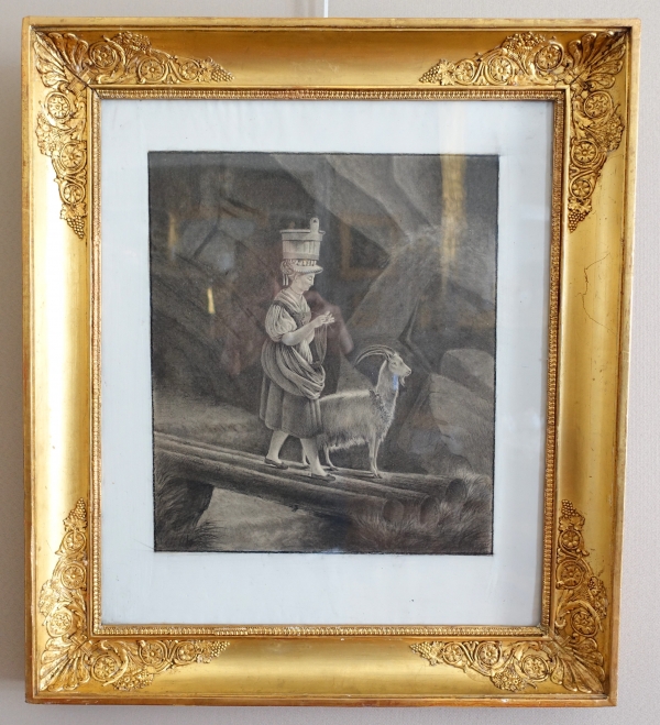 Détail — Dessin attribué à Edouard Pingret, jeune gardienne de chèvre tricotant - cadre en bois doré