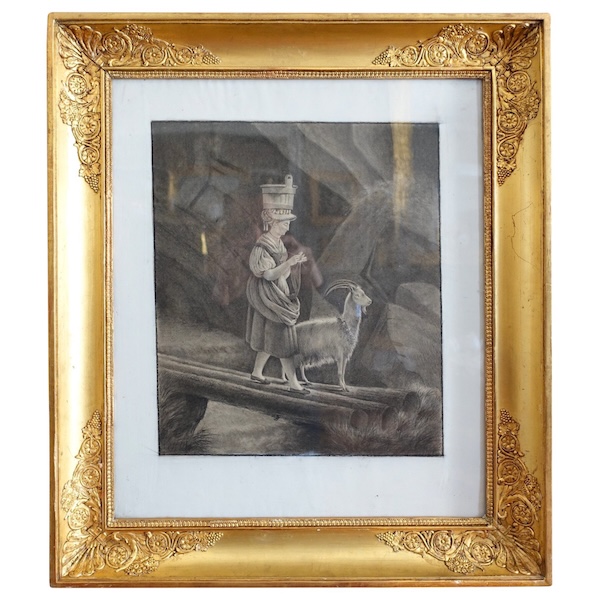 Dessin attribué à Edouard Pingret, jeune gardienne de chèvre tricotant - cadre en bois doré