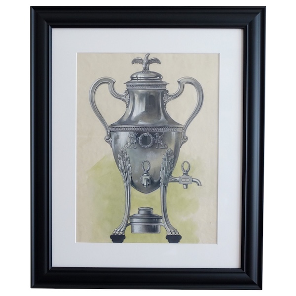 Gouache - dessin d'orfèvrerie : samovar de style Empire en argent encadré - 47,5cm x 58cm