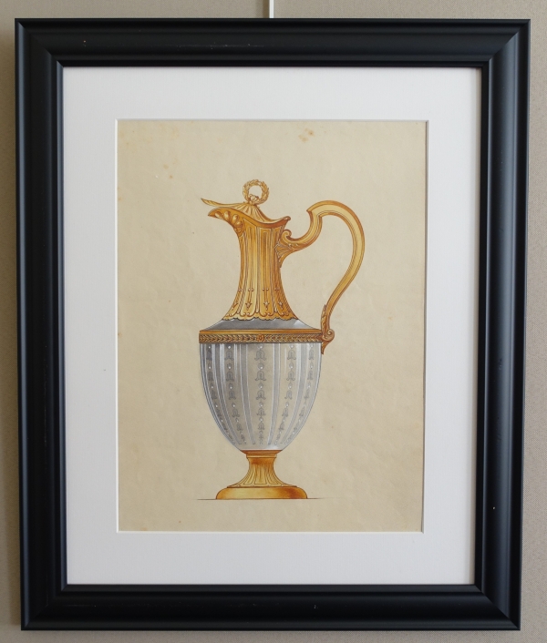 Detail — Gouache - silverware drawing : Empire style crystal and vermeil ewer framed - 47.5cm x 58cm