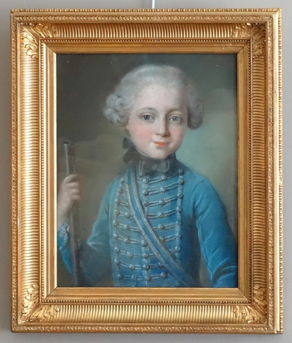 Detail — 18th century French school, pastel : a child wearing Hussar clothes, Louis XVI period
