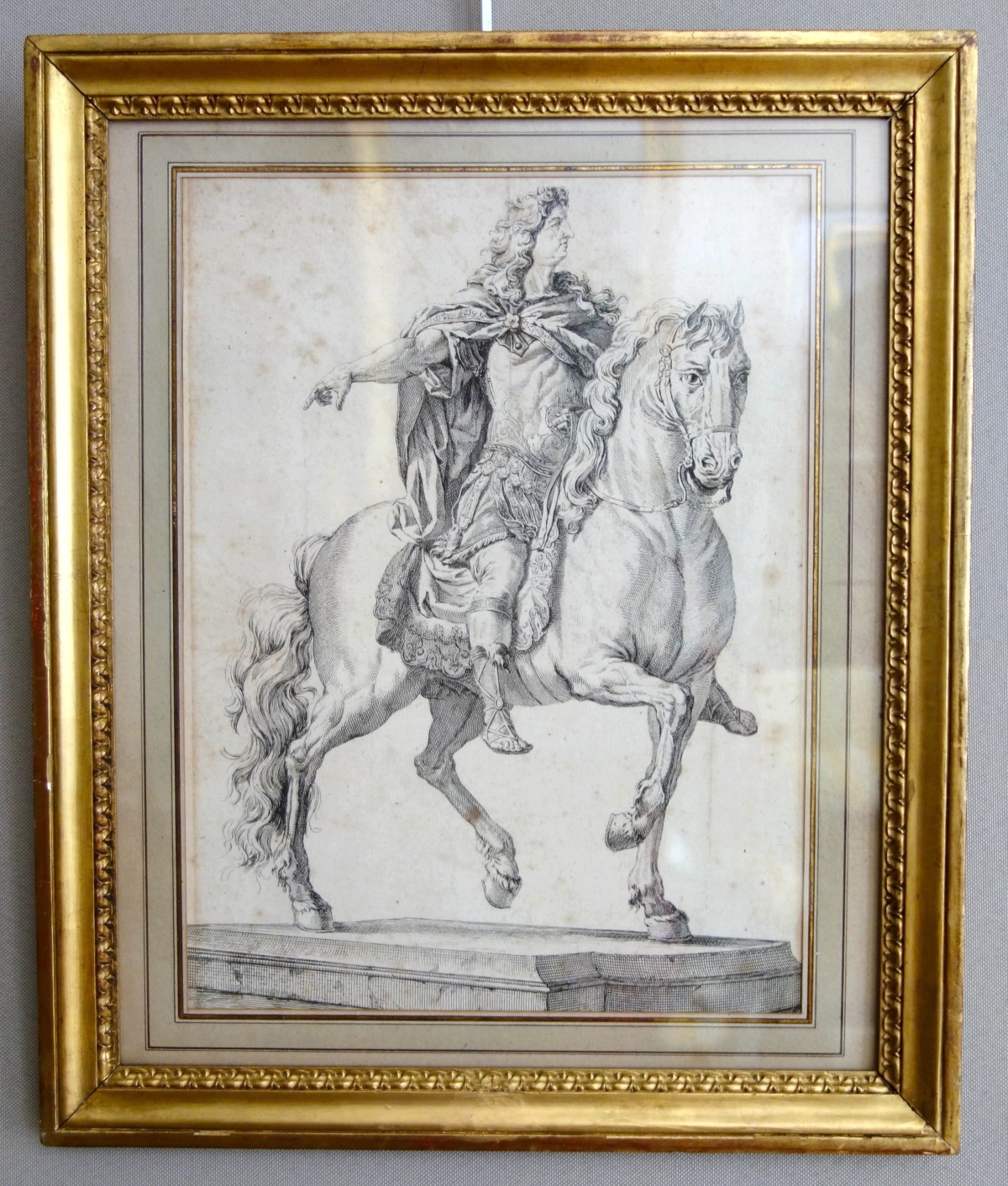 Detail — Louis XIV riding a horse engraving after Girardon's statue, 18th century