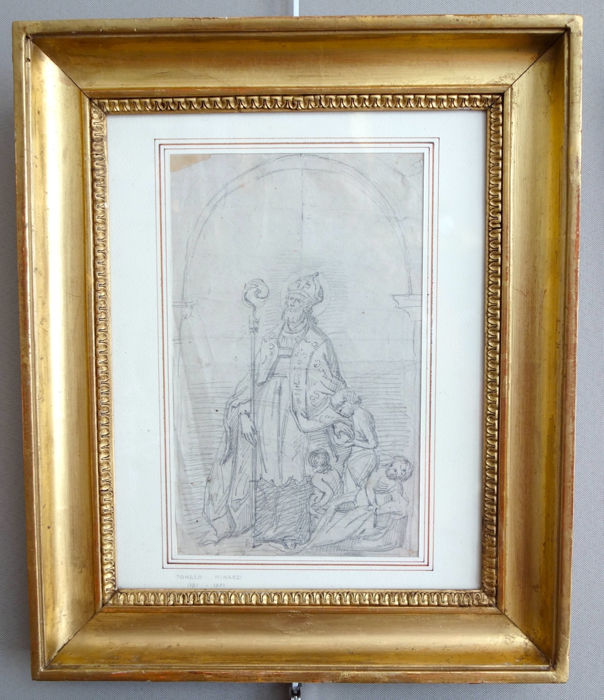 Detail — Saint Nicholas, drawing on paper attributed to Tommaso Minardi - beautiful gilt wood frame