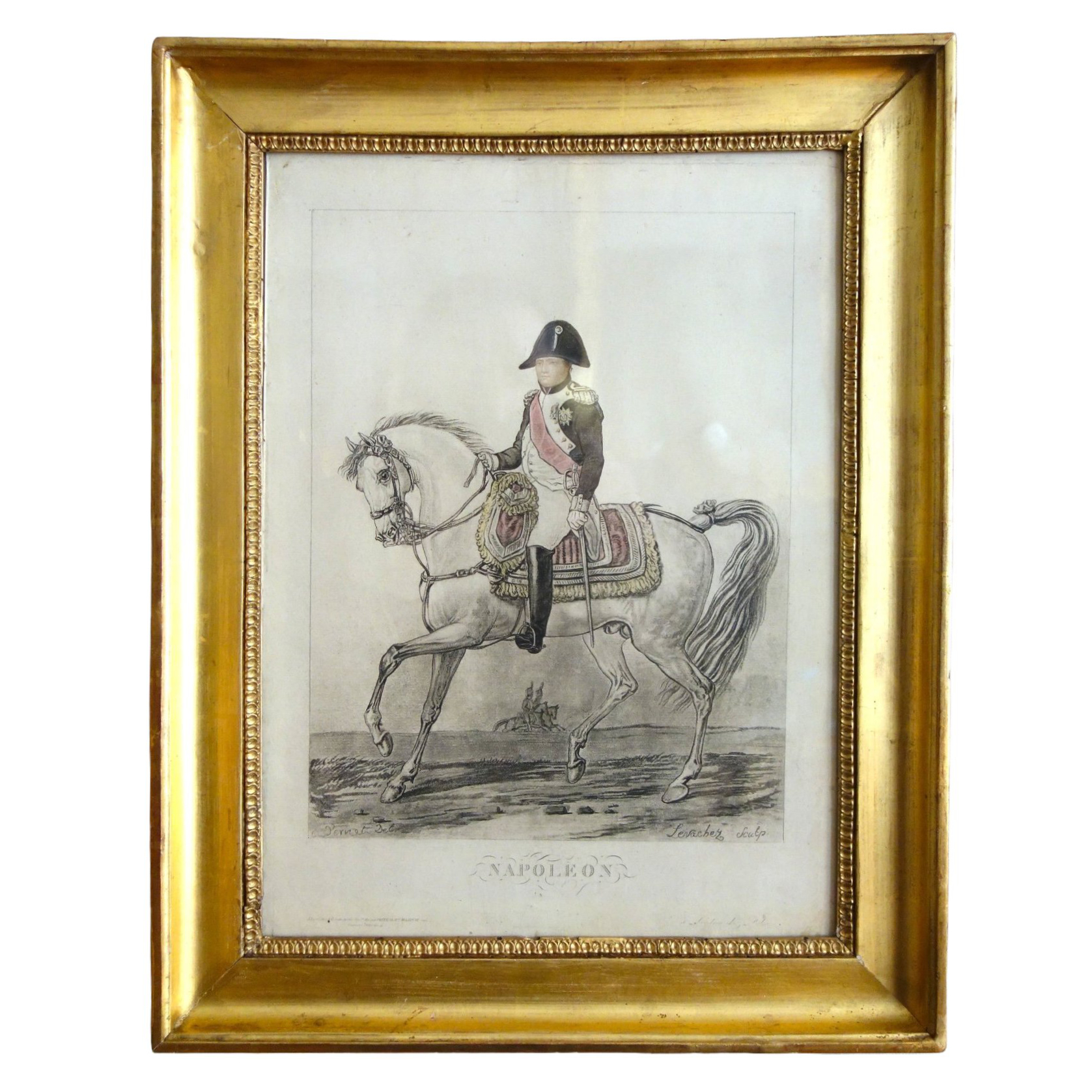 Napoleon riding a horse, coloured engraving after Carle Vernet - Empire gilt wood frame