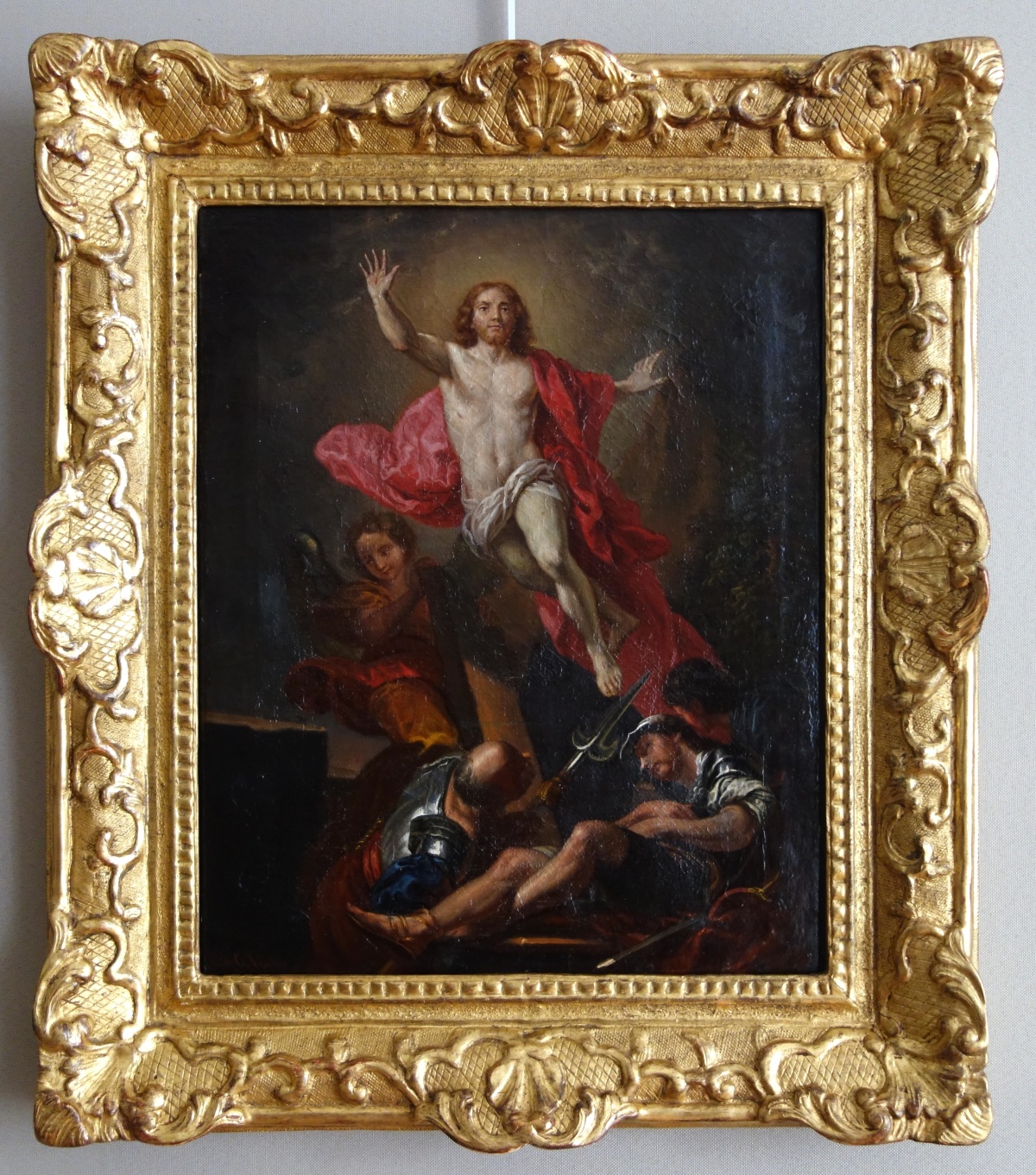 Détail — La Résurrection du Christ d'après Van Loo, HST, cadre en bois doré d'époque Louis XIV