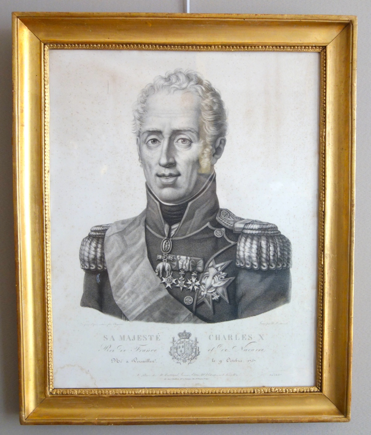 Détail — Gravure Royaliste - portrait de Charles X, Roi de France et de Navarre cadre en bois doré 1820