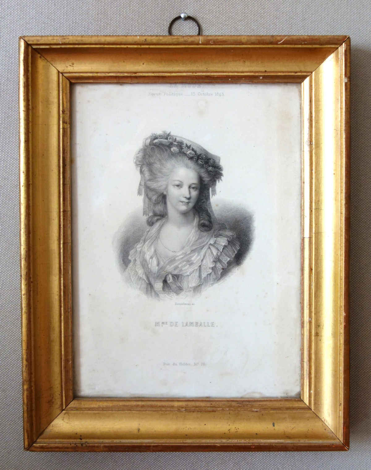 Détail — Gravure portrait de Madame de Lamballe, souvenir historique royaliste dans son cadre bois doré