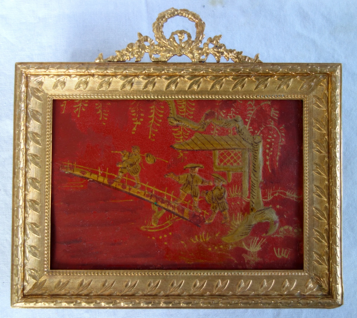 Detail — Lacquered Chinese style miniature, Louis XVI style bronze frame circa 1900