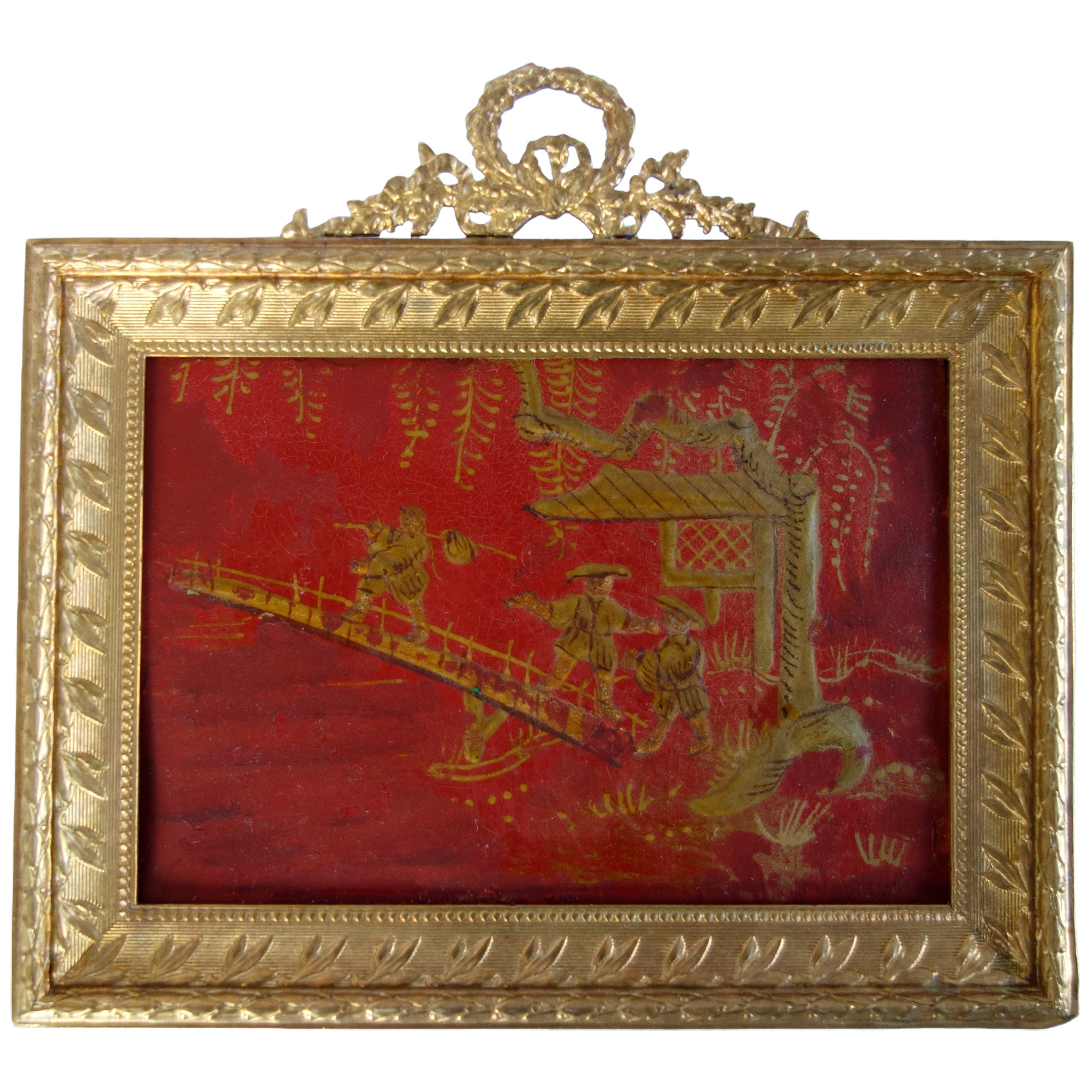 Lacquered Chinese style miniature, Louis XVI style bronze frame circa 1900