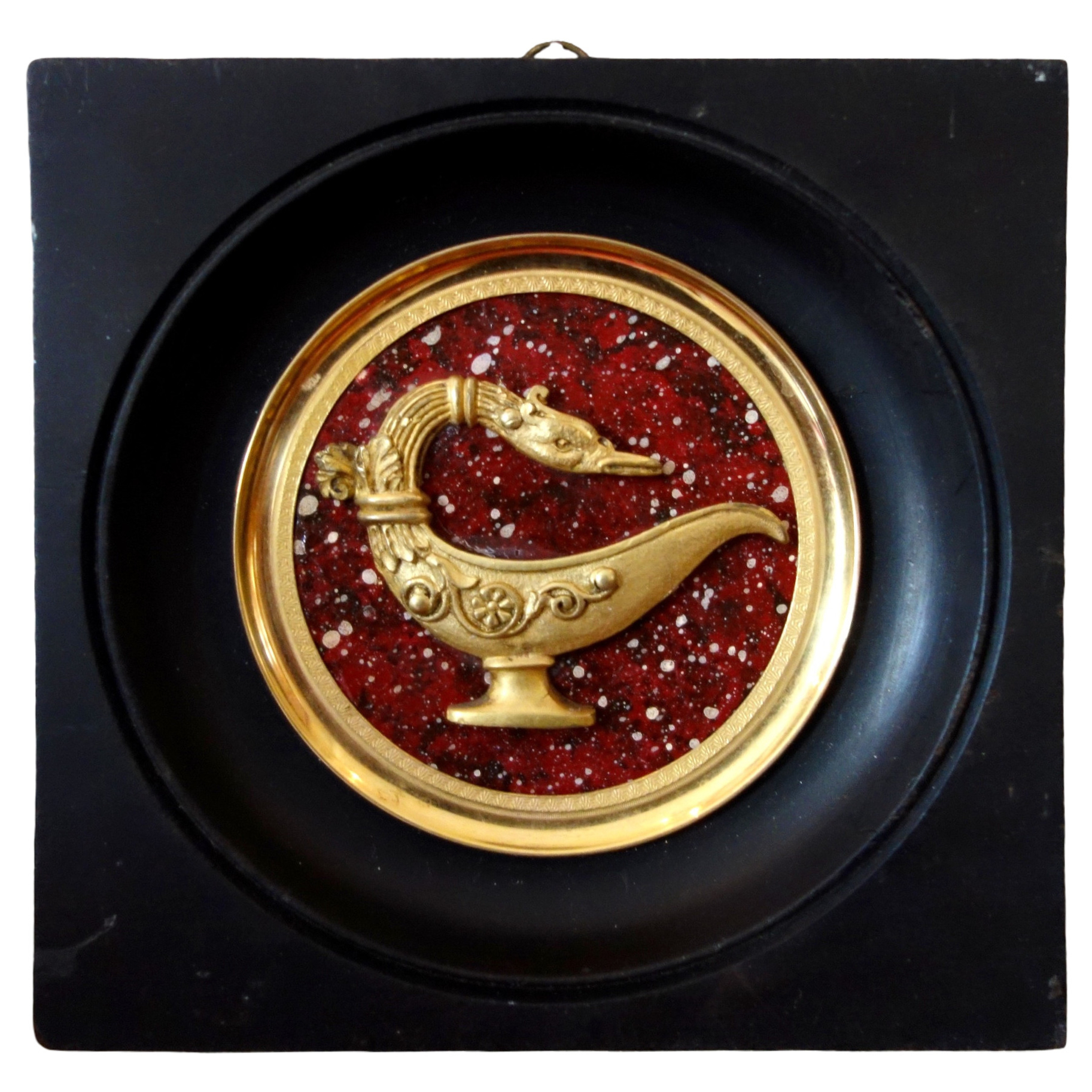 Ormolu antique style lamp miniature, porphyry background, souvenir of the Grand Tour
