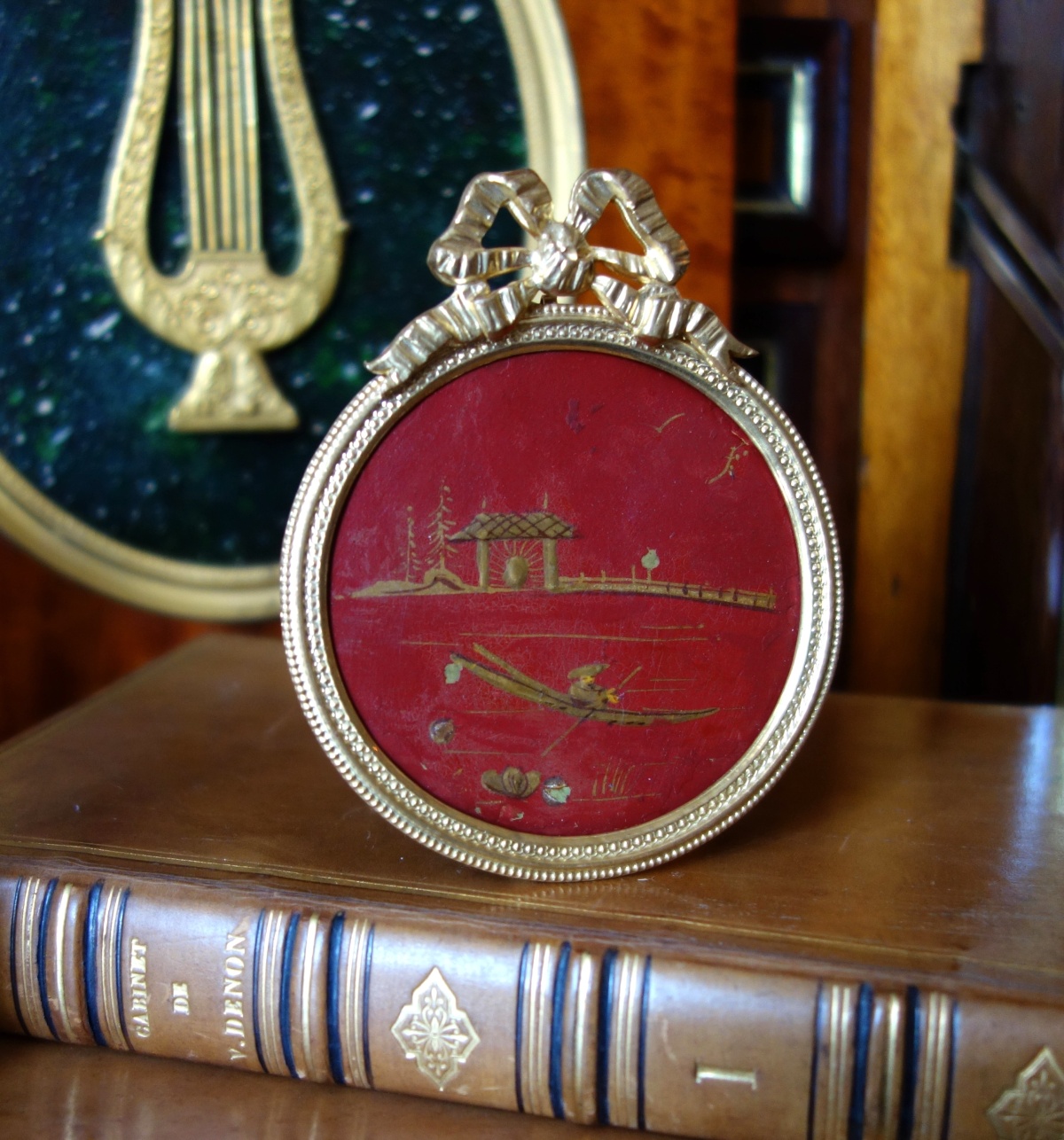 Detail — Chinese style miniature lacquered and gilt scene, Louis XVI style bronze frame circa 1900