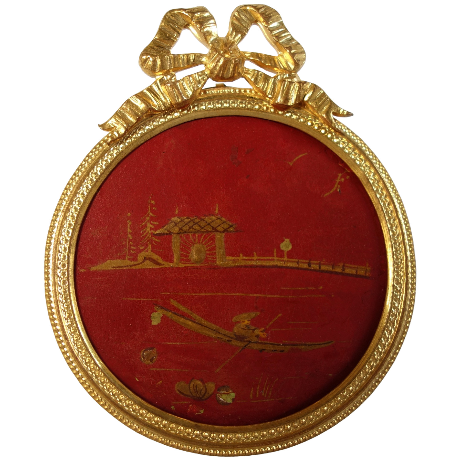 Chinese style miniature lacquered and gilt scene, Louis XVI style bronze frame circa 1900