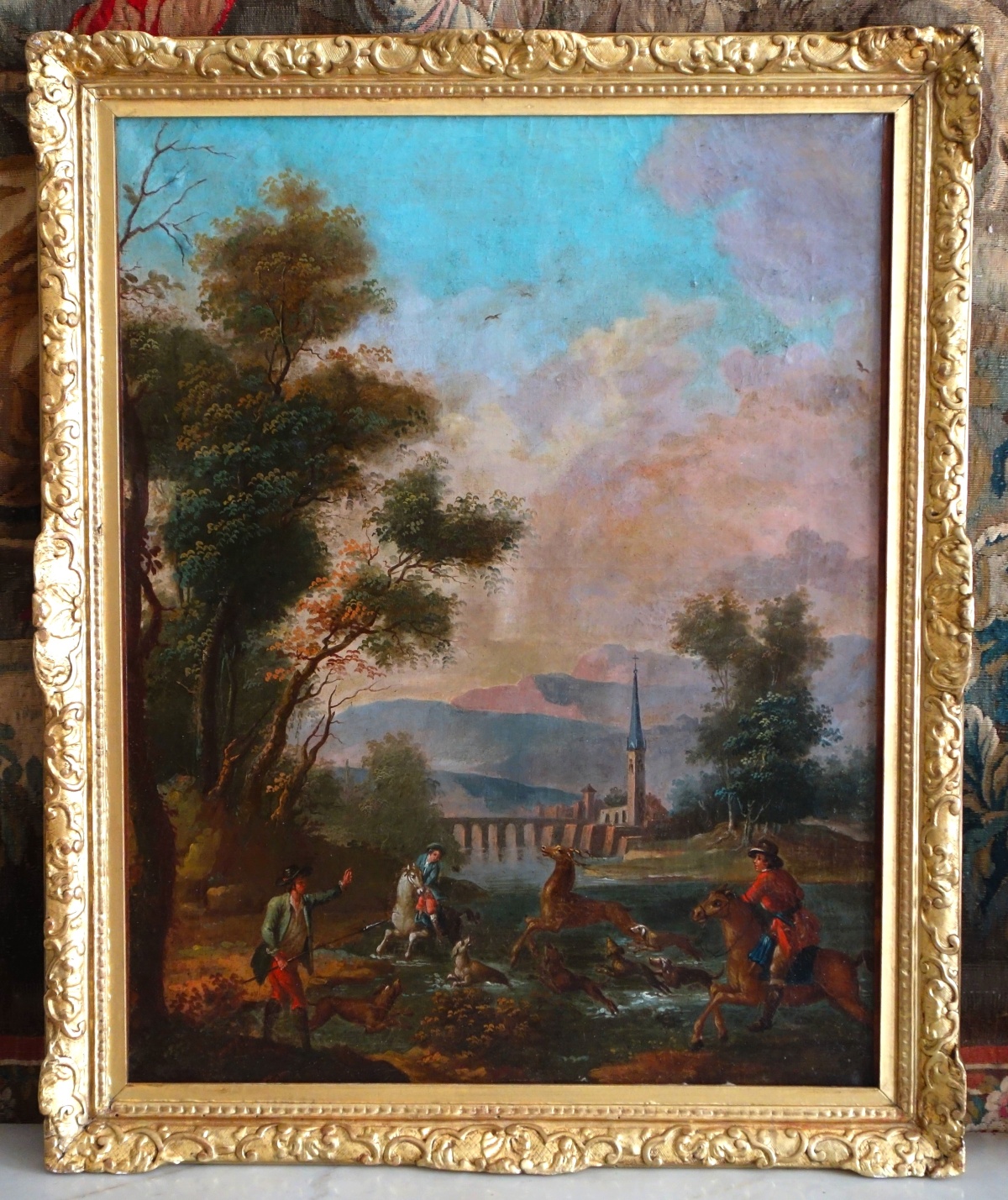 Détail — Ecole Française du XVIIIe siècle, scène de chasse à courre - le Bât l'Eau - HST 90cm x 74cm