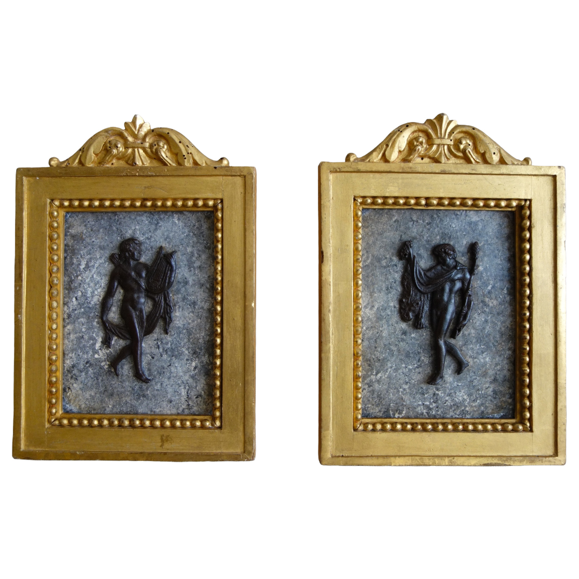 Grand Tour - pair of miniature bronzes picturing Apollo and Hercules, gilt wood frames