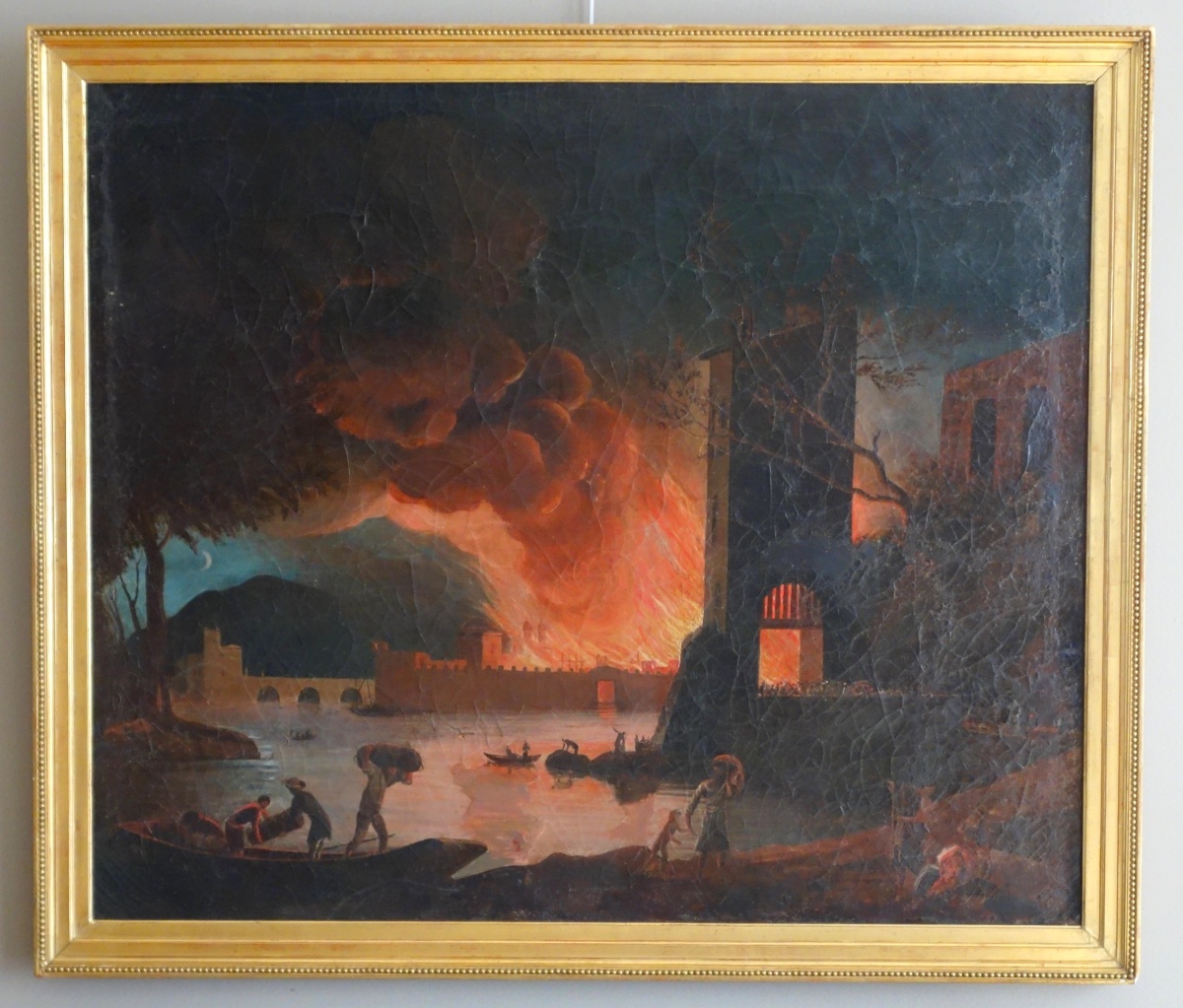 Detail — Large oil on canvas picturing a fire in town, late 18th century French school