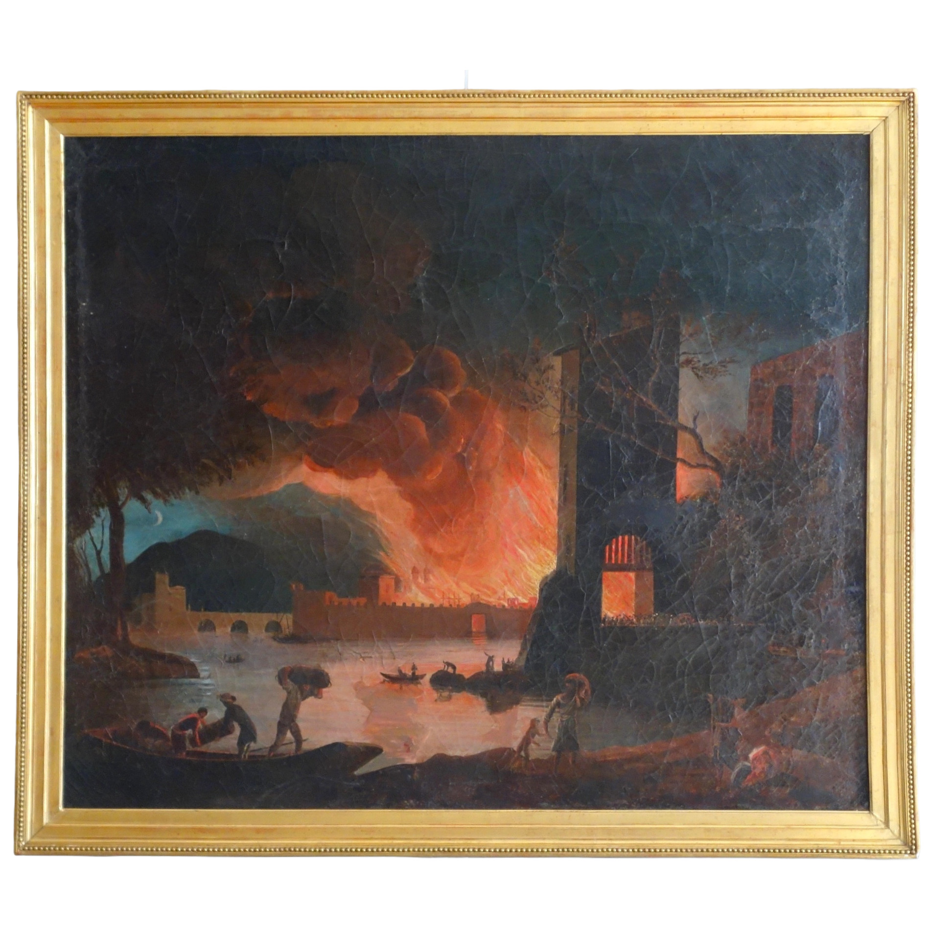 Large oil on canvas picturing a fire in town, late 18th century French school