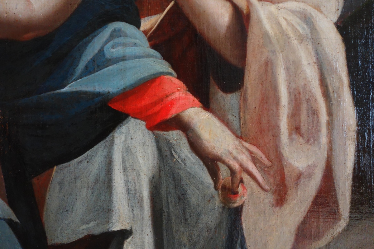 Détail — Grand tableau XVIIIe : la Vierge et l'Enfant servis par un ange d'après S. Vouet : 110cm x 125cm