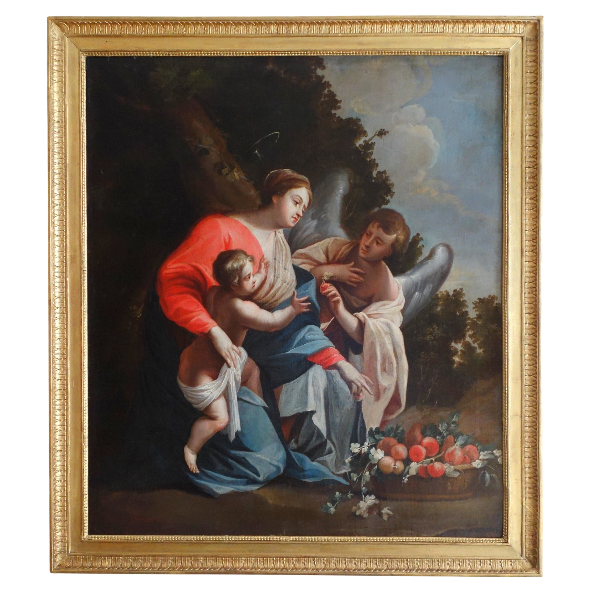 Grand tableau XVIIIe : la Vierge et l'Enfant servis par un ange d'après S. Vouet : 110cm x 125cm