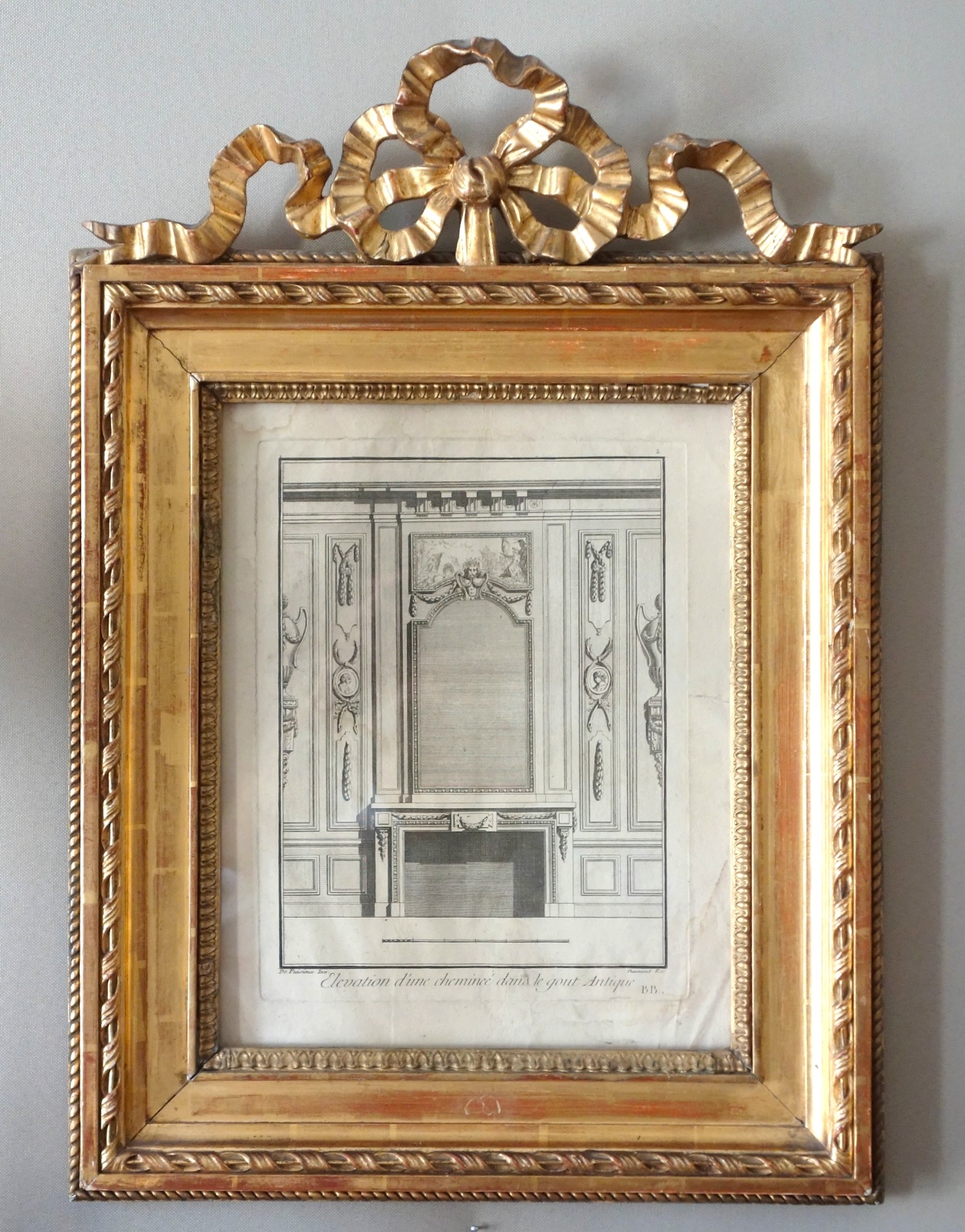 Detail — Louis XVI neoclassical engraving picturing a mantel - gold leaf gilt wood frame