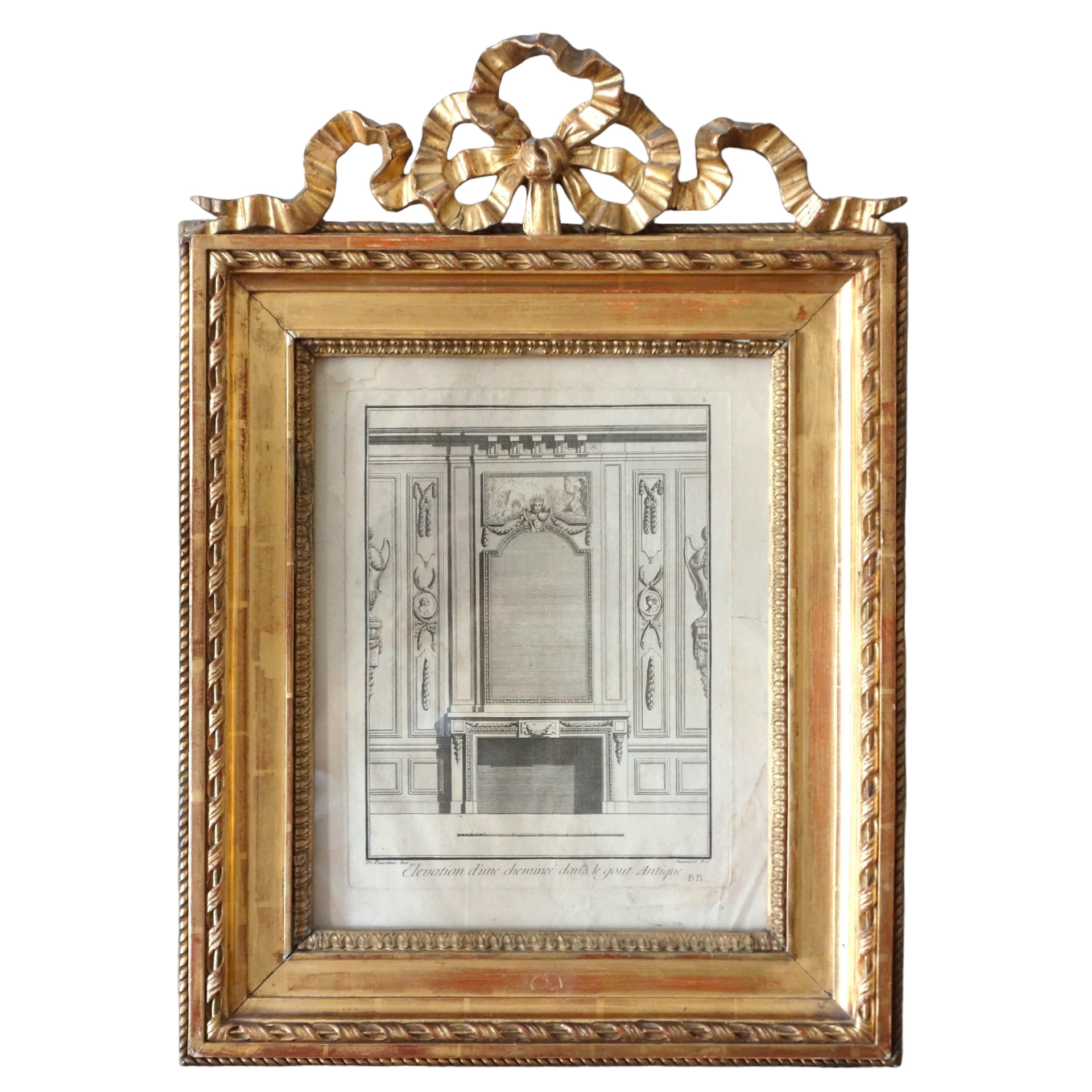 Louis XVI neoclassical engraving picturing a mantel - gold leaf gilt wood frame