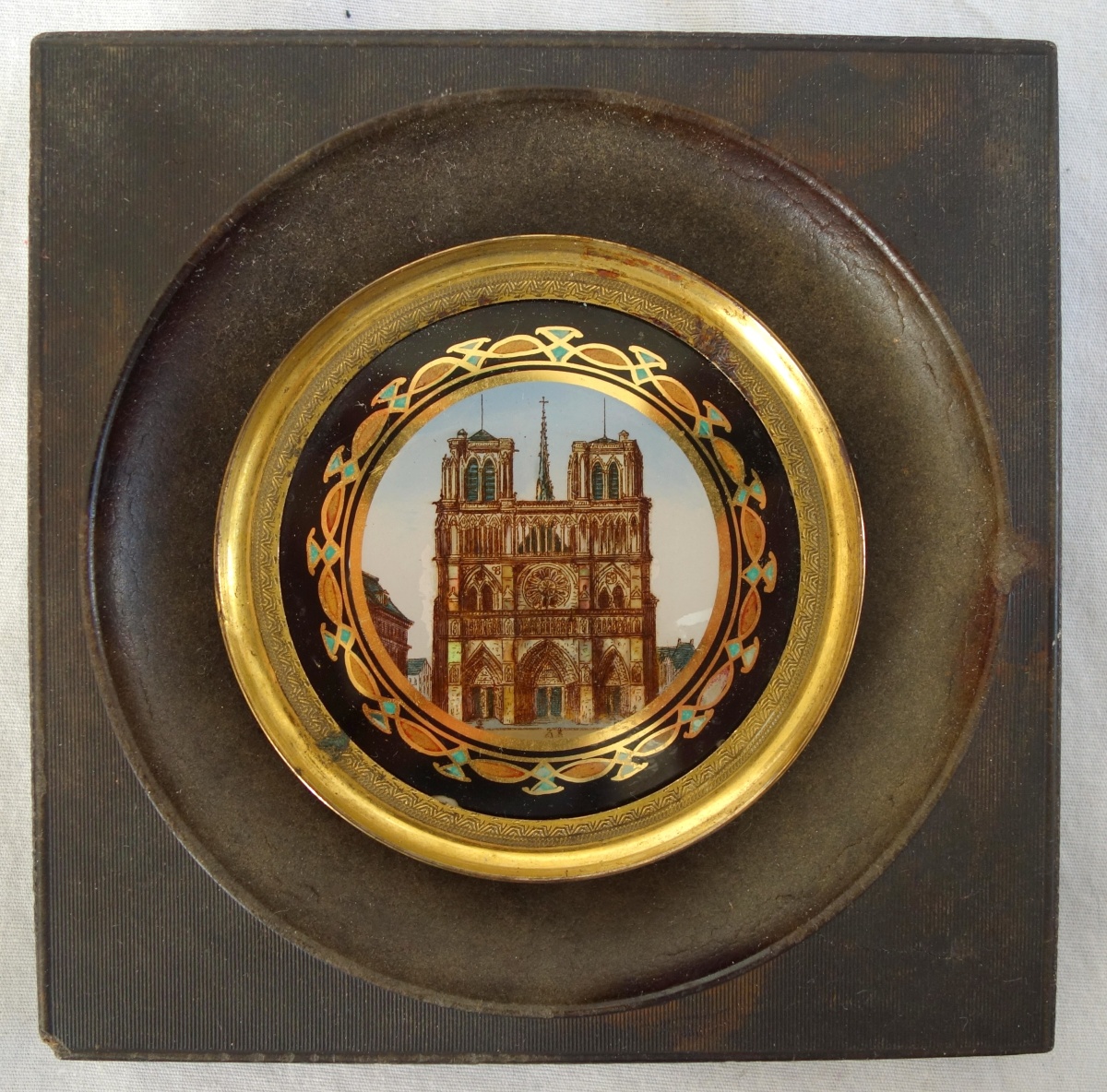 Detail — Notre Dame Cathedral miniature, reverse painting on glass, Napoleon III period