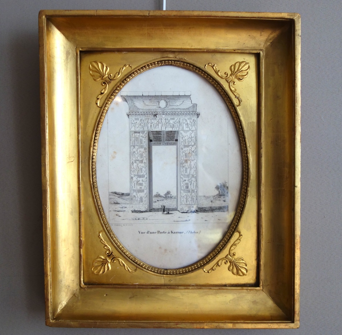 Detail — Karnac temple engraving by Leon de Joannis, gold leaf gilt wood frame